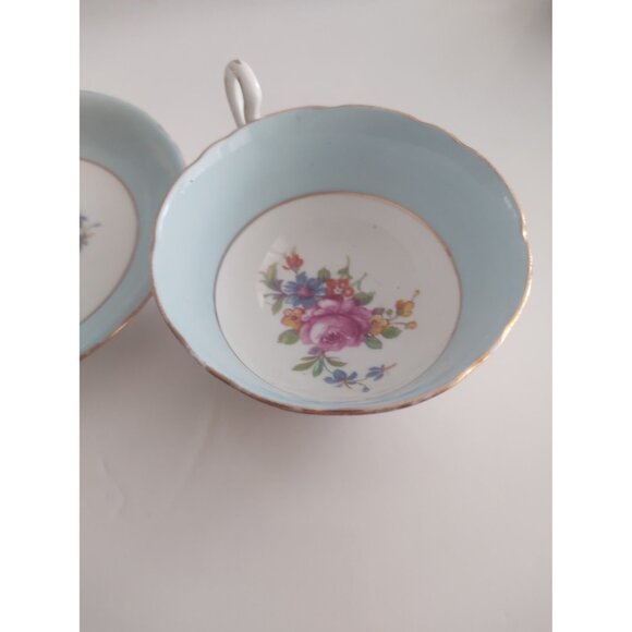 Vintage Grafton England Wide Mouth Tea Cup & Saucer set Blue & Floral 1950's - Picture 12 of 14
